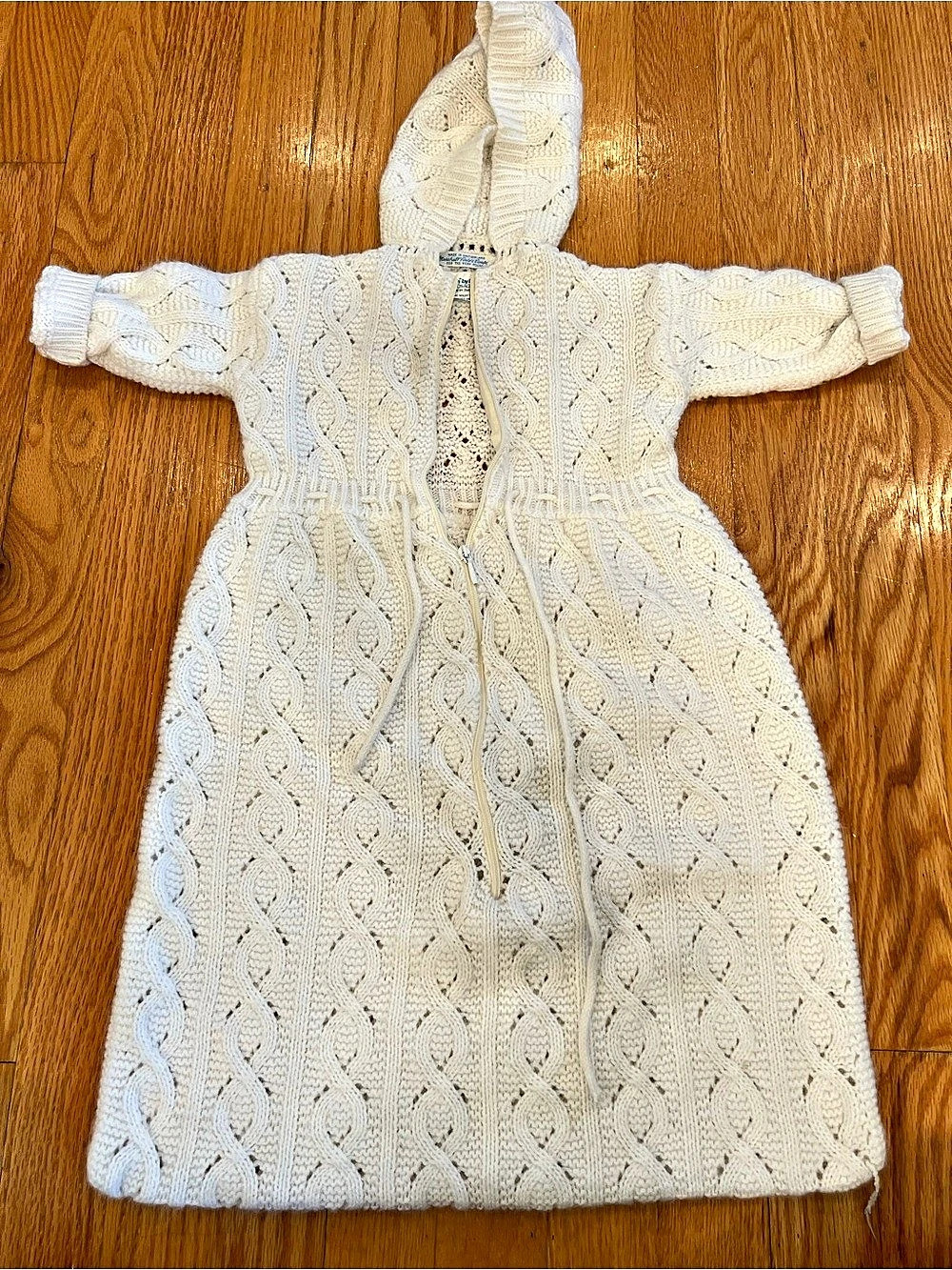 Vintage cable-knit white knitted baby bunting bag or sleep sack